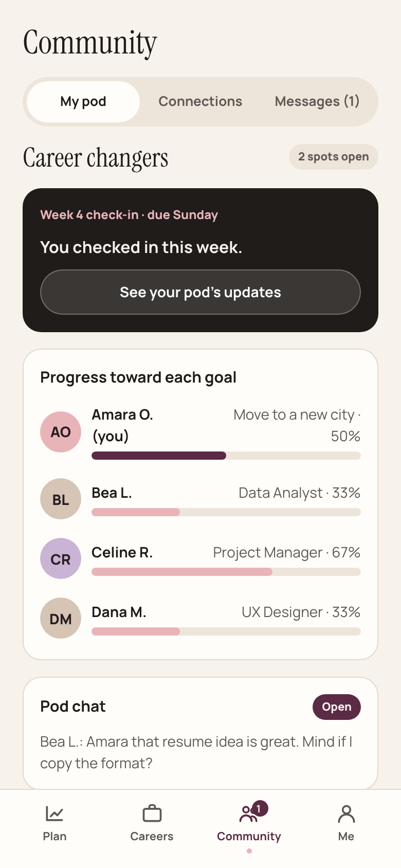 Community tab in DSGNher: the pod, weekly check-in and each member’s goal progress