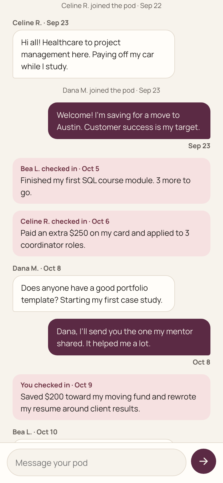 Pod chat in DSGNher: members share check-ins and messages